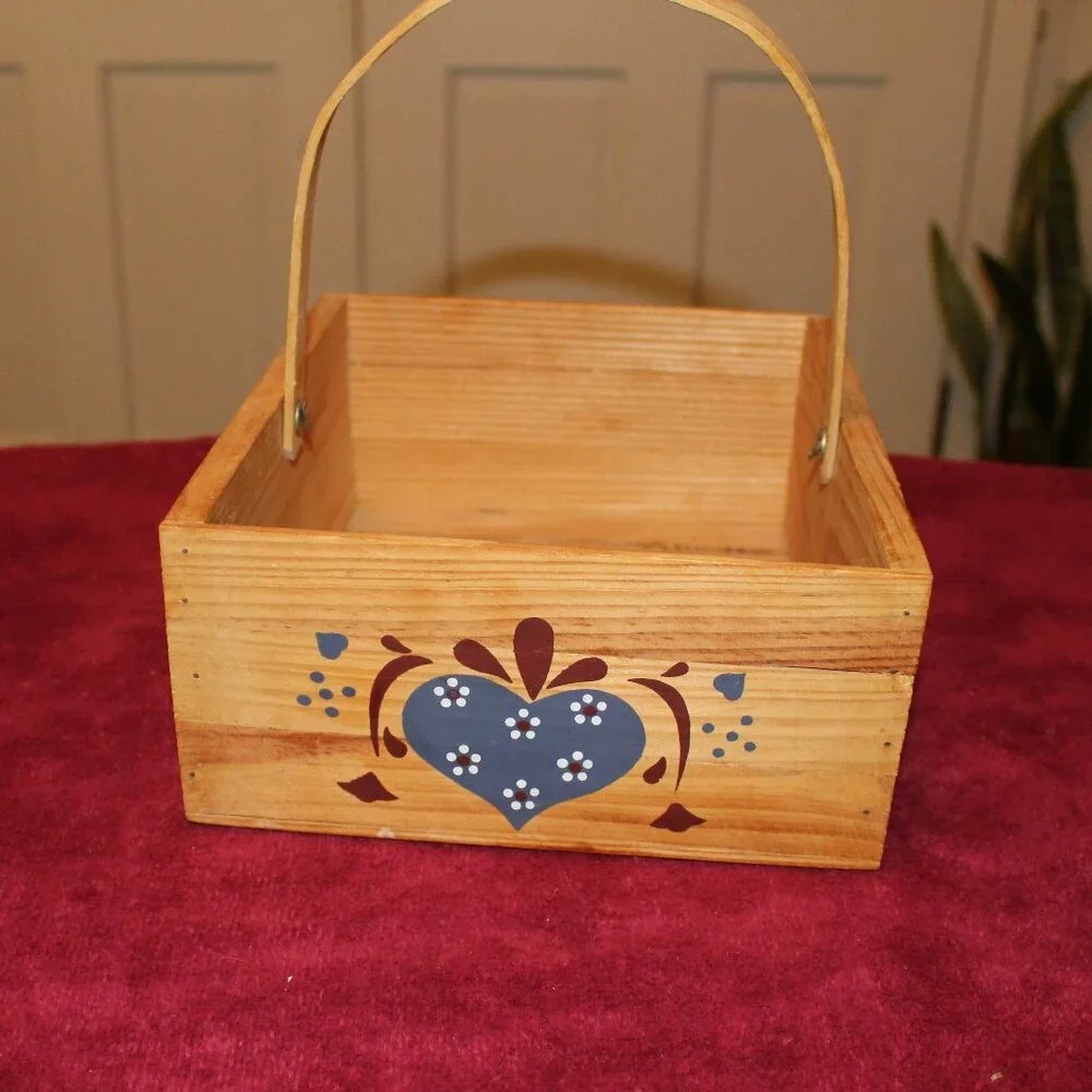 Vintage Rectangular Basket with Handle, Blue Heart Accent